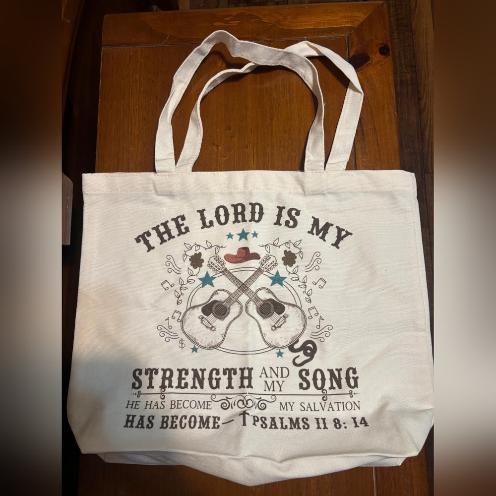 White Open Tote Bag with Guitar and Psalm Design - Picture 1 of 3